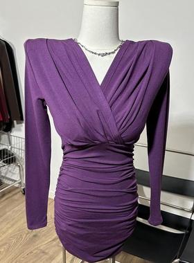 法式时尚性感交叉V领褶皱长袖包臀裙女春秋款纯欲风修身连衣裙潮