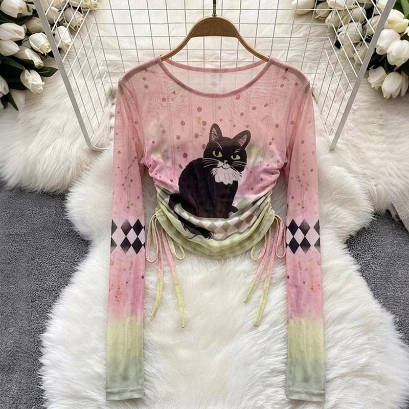 卡通猫咪印花网纱辣妹风圆领上衣