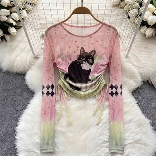 折扣店特价女装尾货剪标卡通猫咪印花渐变网纱辣妹风圆领长袖上衣