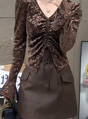 法式洋气提花抽绳褶皱修身长袖上衣女春秋款收腰显瘦短款百搭T恤