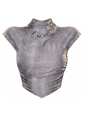 外贸品牌折扣剪镖女装小众设计感暗纹网纱无袖半高领修身修身上衣