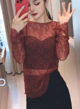 法式高级感小众性感微透蕾丝衫女春秋款时髦轻熟风显瘦圆领上衣潮