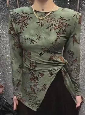 春秋新款新中式国风不规则长袖T恤女修身显瘦微透百搭打底衫上衣