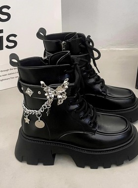 2025年新款小众设计感液态蝴蝶链条厚底马丁靴女款秋冬英伦风短靴