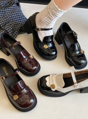 法式山茶花圆头粗跟小皮鞋女2025秋季新款配裙子小香风玛丽珍单鞋