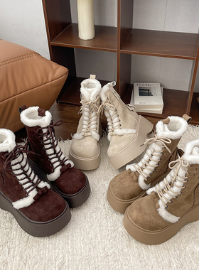 加绒加厚防滑厚底雪地靴女款2025新款冬季东北增高保暖复古棉鞋子