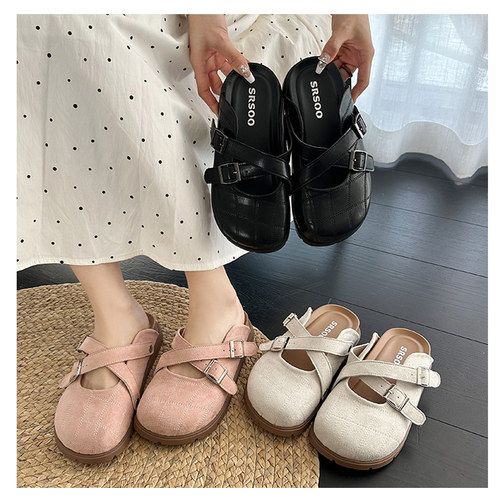 法式厚底内增高包头半拖鞋女外穿2025春夏新款复古玛丽珍勃肯凉拖