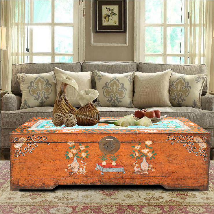 实木茶几客厅装饰手绘官箱边箱储物箱中式仿古做旧茶桌复古咖啡桌