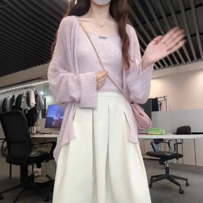 紫色针织开衫吊带背心两件套女