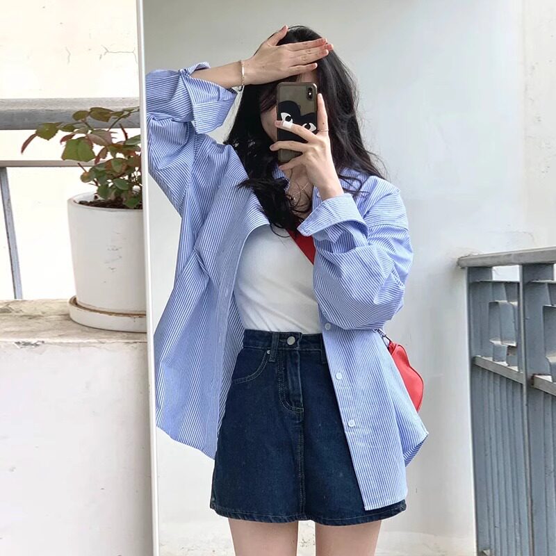 设计感小众长袖蓝色条纹衬衫外套