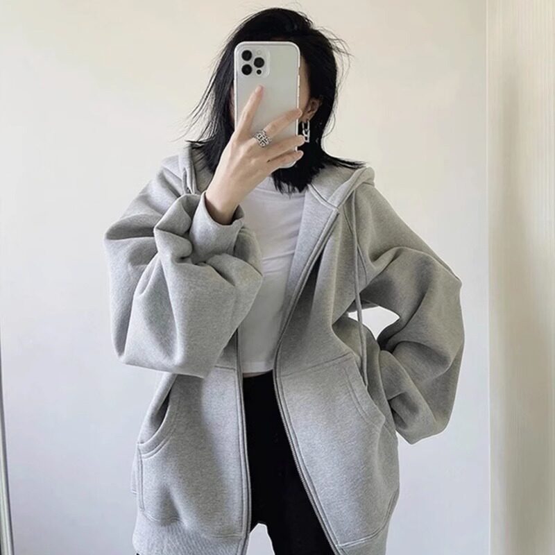 宽松灰色连帽卫衣外套女小个子