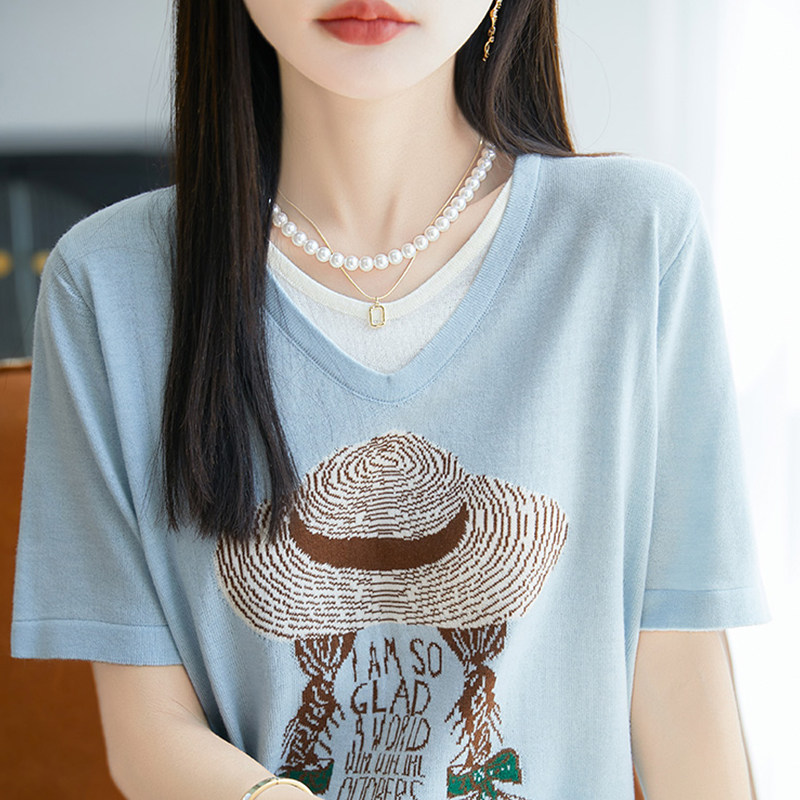 LOKA LURA假两件帽子提花V领短袖t恤女士夏季洋派冰丝针织打底衫