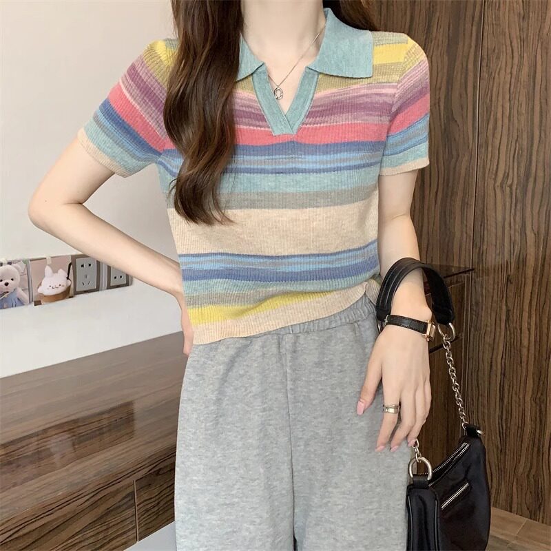彩虹条纹冰丝针织衫女正肩t恤