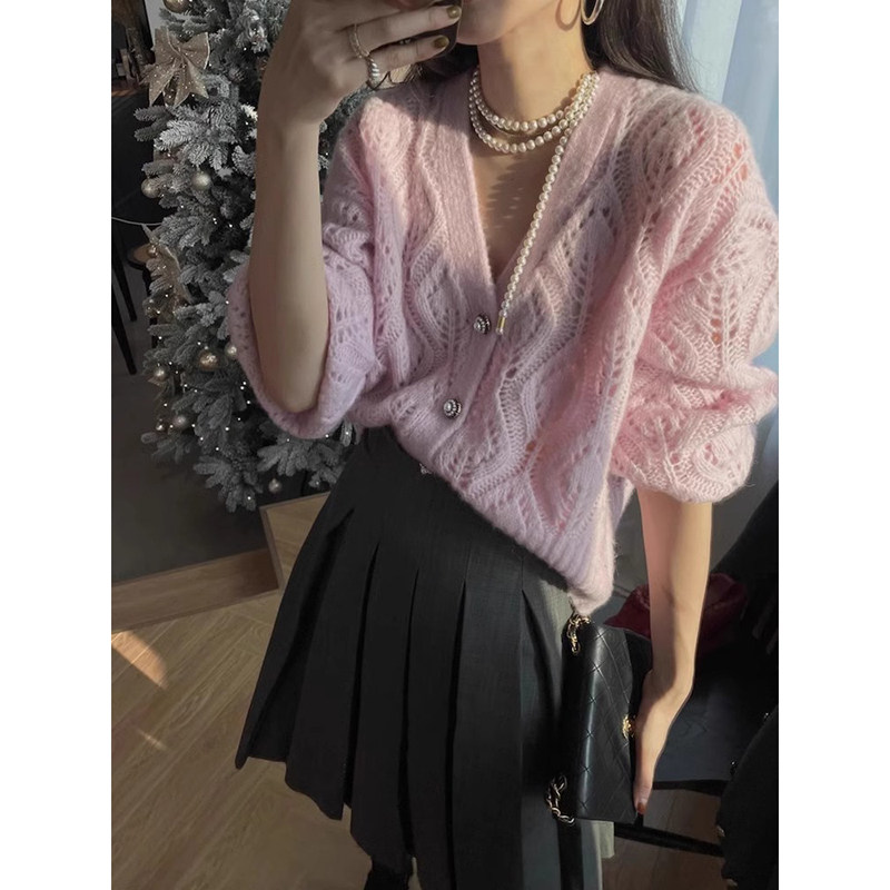 马海毛v领镂空针织开衫女软糯