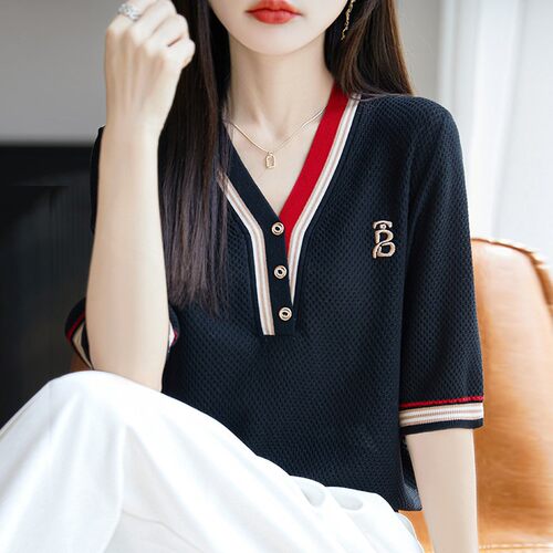 LOKA LURA撞色V领短袖t恤女夏打底衫洋派大尺码女装冰丝针织上衣