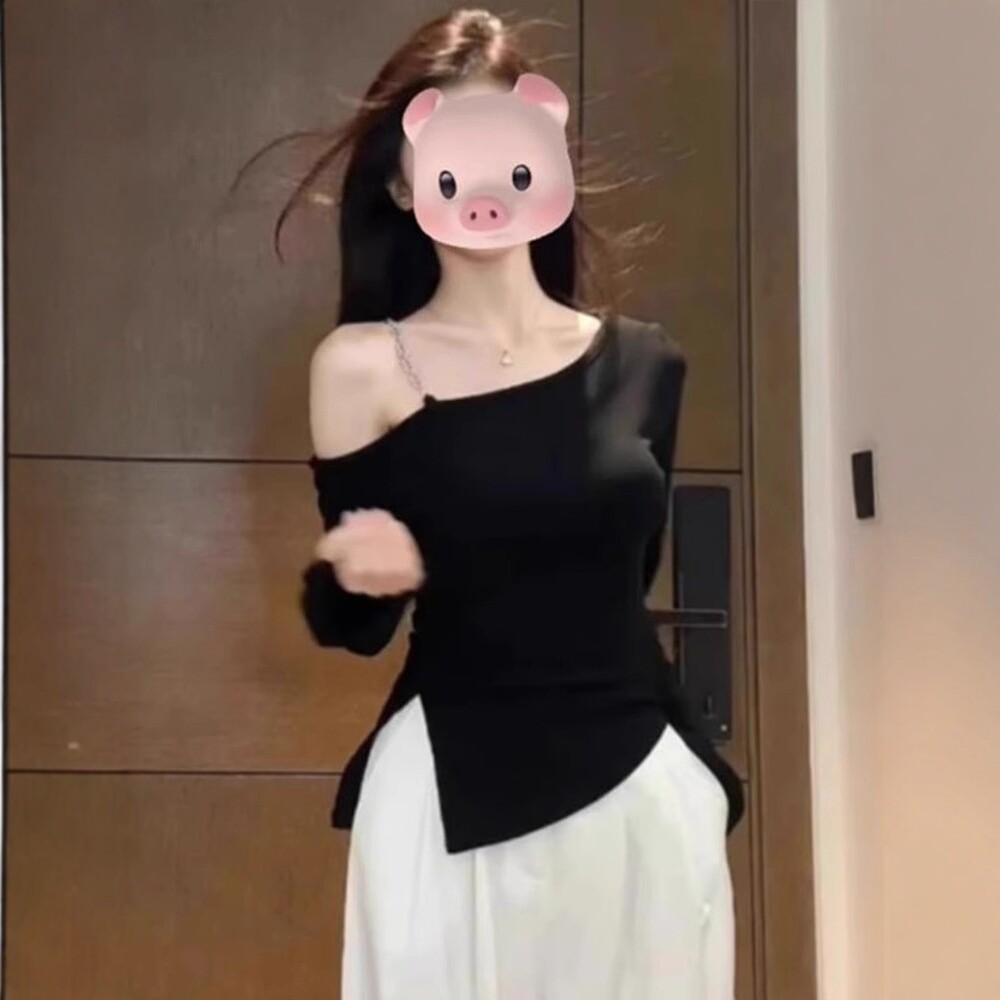 日系设计感斜肩吊带长袖t恤女