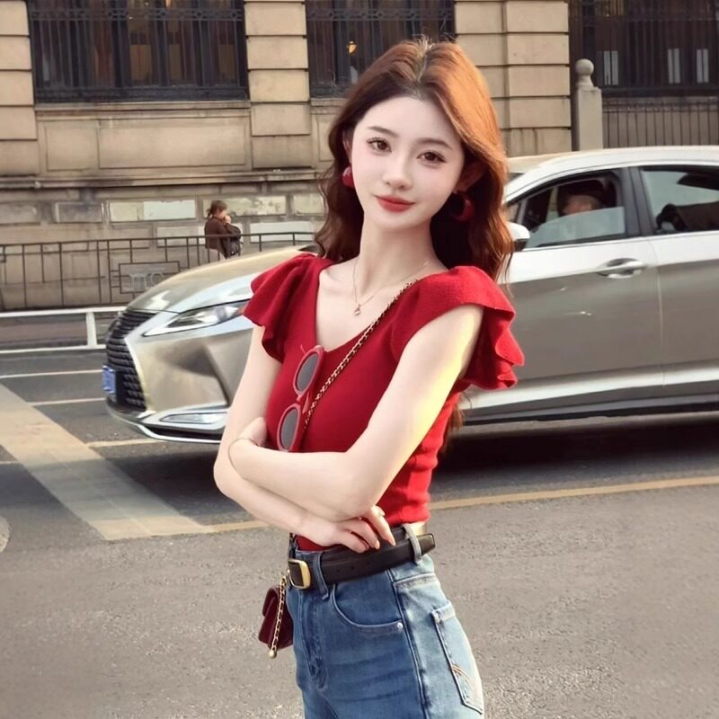 日系夏季红色v领冰丝针织短袖t恤女超好看漂亮修身小飞袖短款上衣