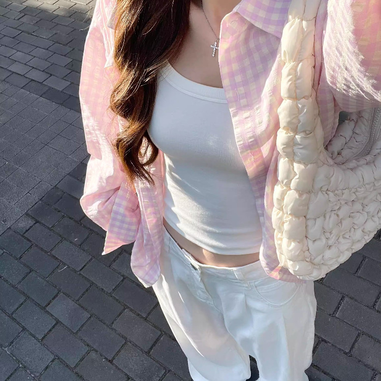 粉色格子衬衫女薄款宽松百搭防晒