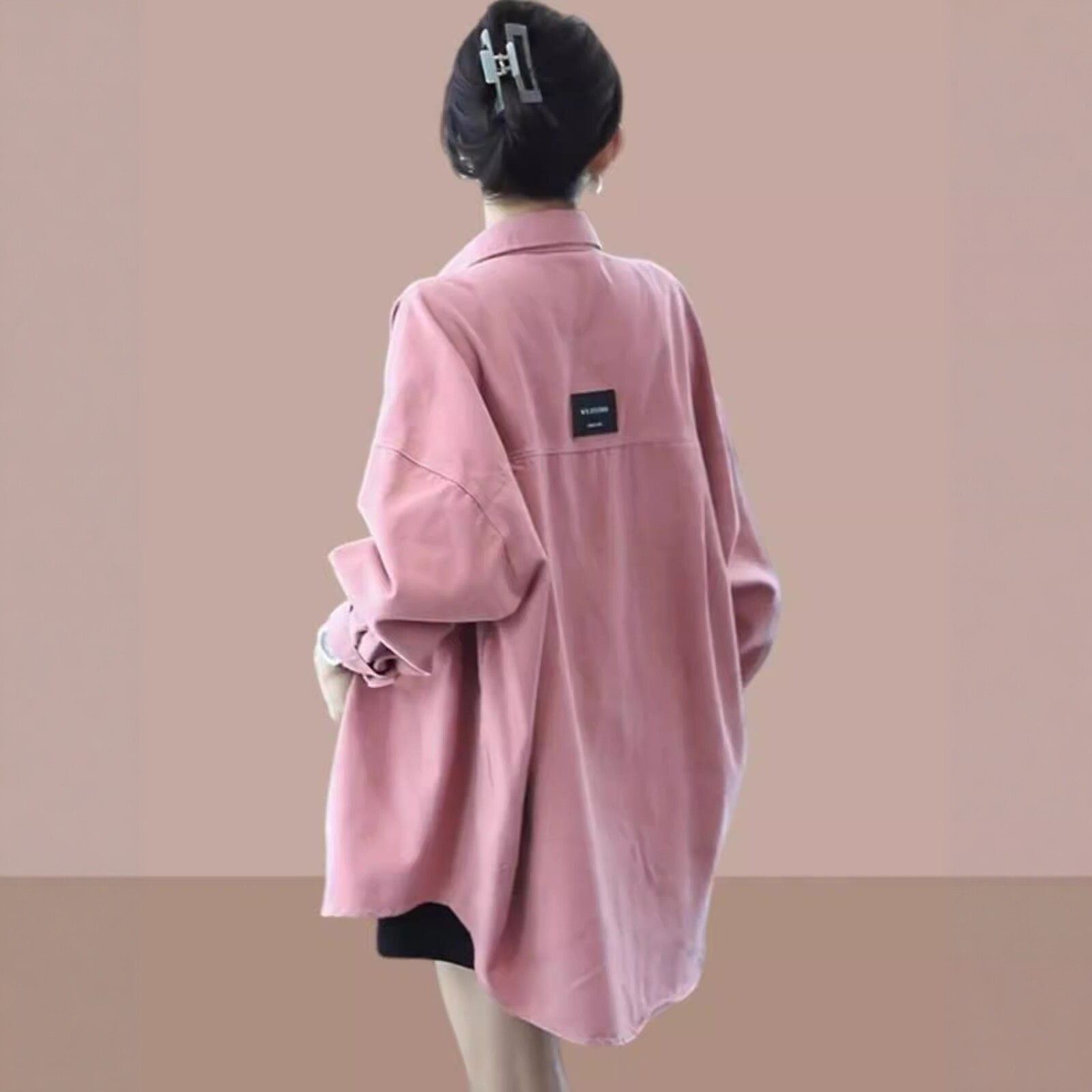 日系慵懒风粉色长袖衬衫女中长款