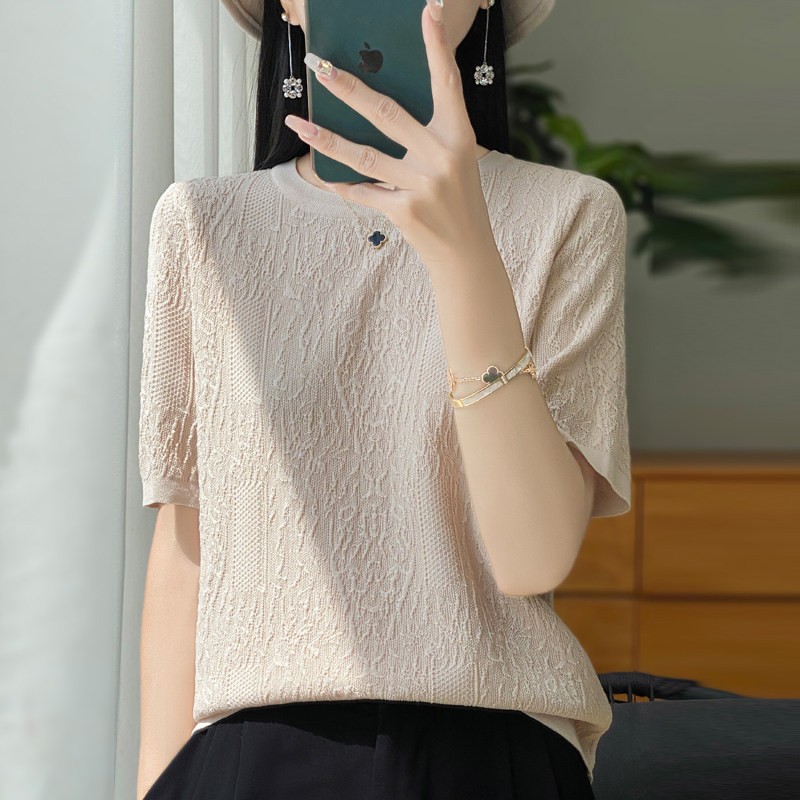 LOKA LURA时尚提花短袖t恤女士大尺码女装夏季宽松薄款冰丝针织衫