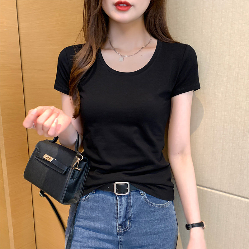 韩系纯棉低圆领修身显瘦女短袖T