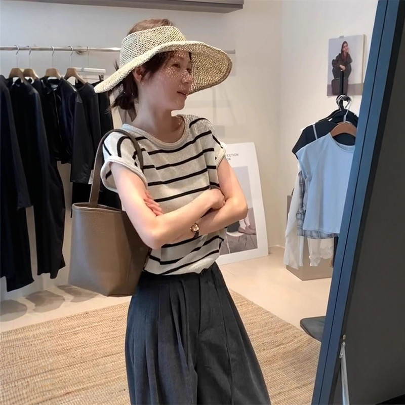 条纹短款冰丝针织圆领短袖t恤女
