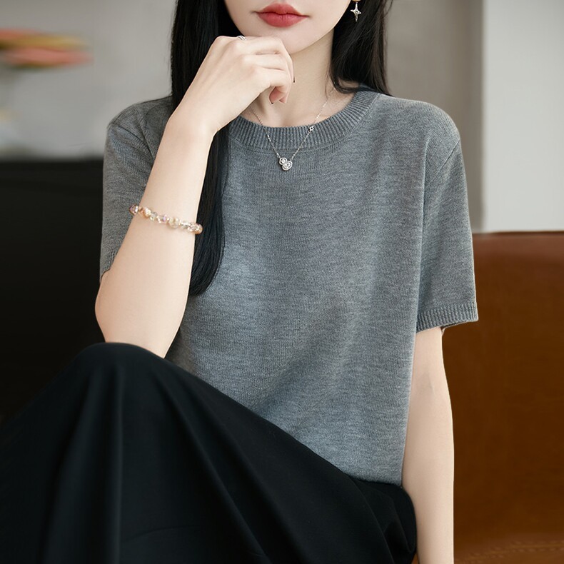 LOKA LURA圆领遮肚针织短袖t恤女夏薄款冰丝针织衫大尺码女装上衣