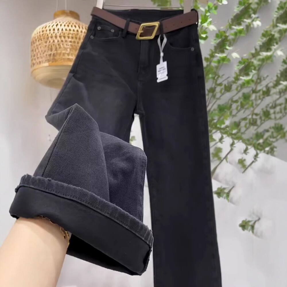 日系牛仔裤女2025新款冬加绒阔腿