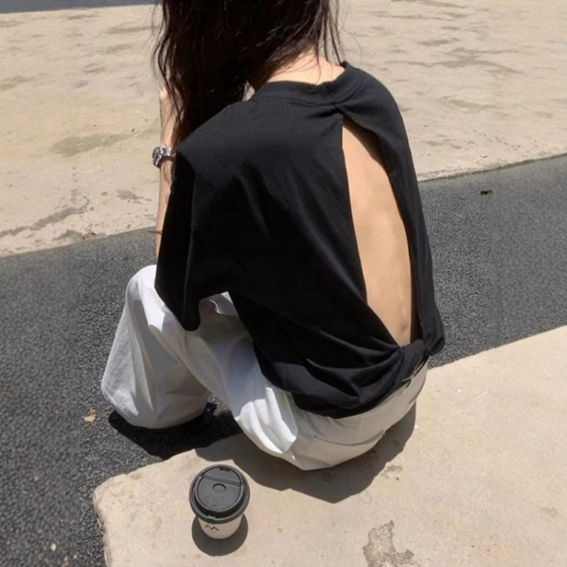 背镂空黑色圆领正肩短袖t恤女