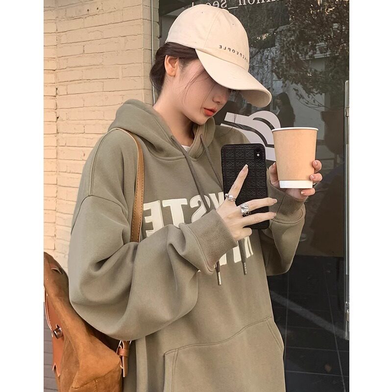 连帽卫衣女正肩遮屁股宽松加绒