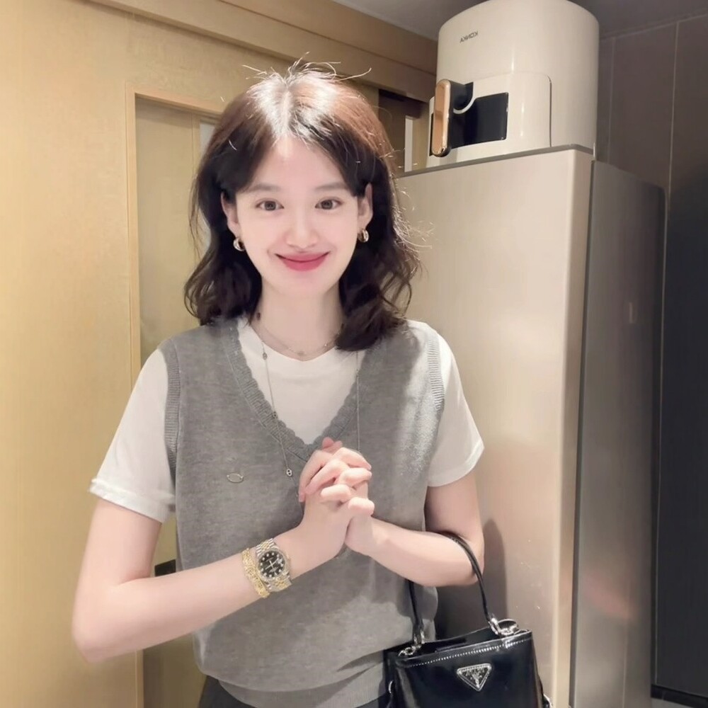 日系假两件圆领针织短袖t恤女