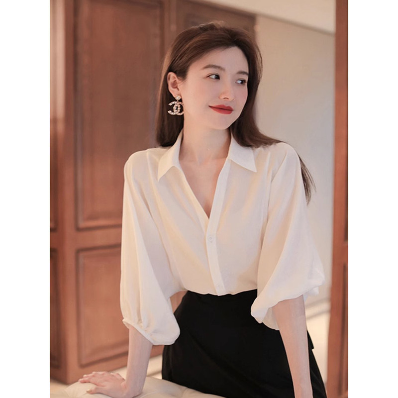 日系泡泡袖设计感小众白色衬衫女夏季薄款气质雪纺衬衣中袖上衣女
