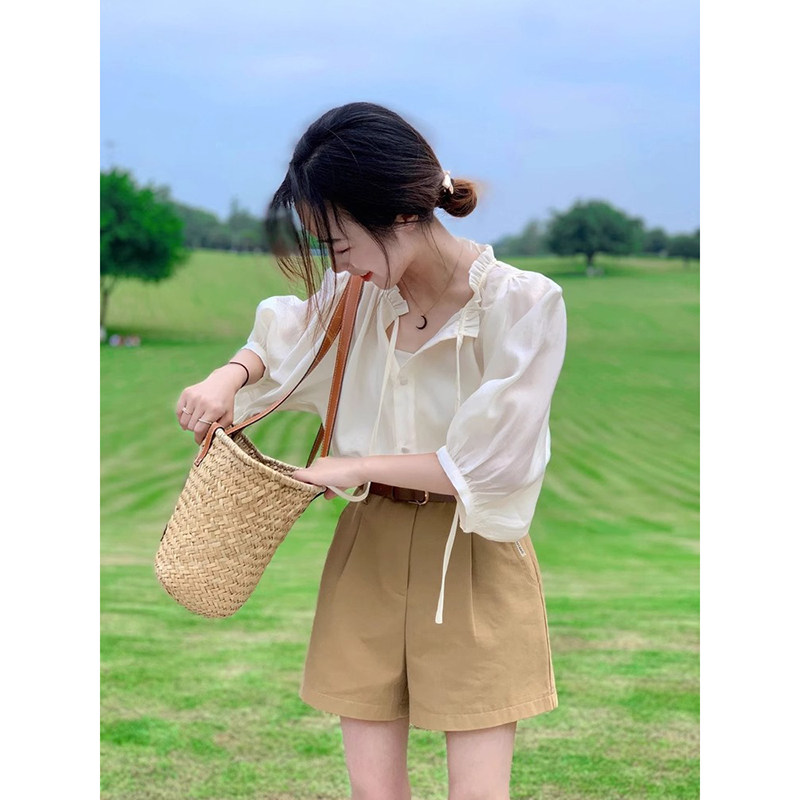 薄款西装阔腿短裤女高腰宽松裤子