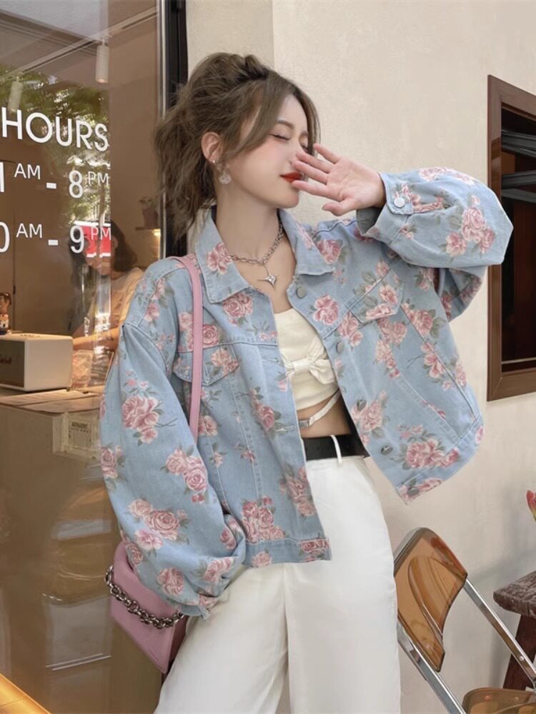 小众玫瑰花牛仔开衫女玫瑰花复古