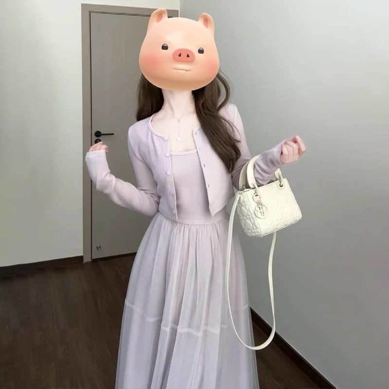 紫色吊带连衣裙子女长裙两件套