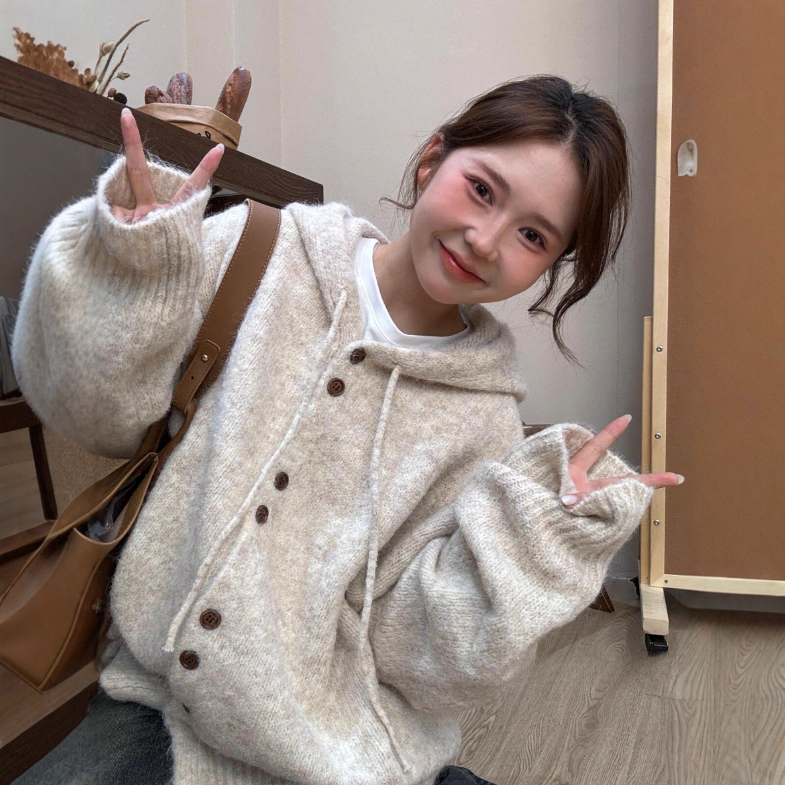 日系连帽针织开衫外套女秋冬加厚