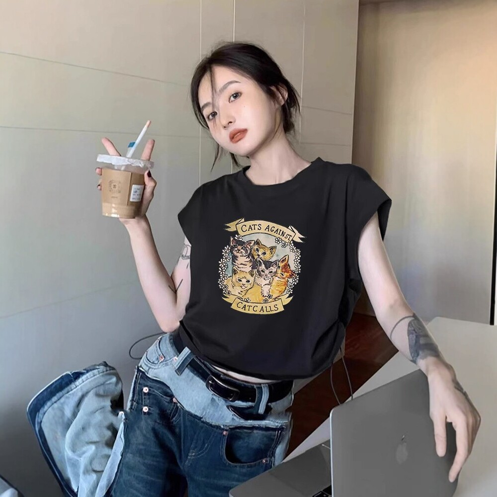 日系复古黑色印花正肩短袖t恤女