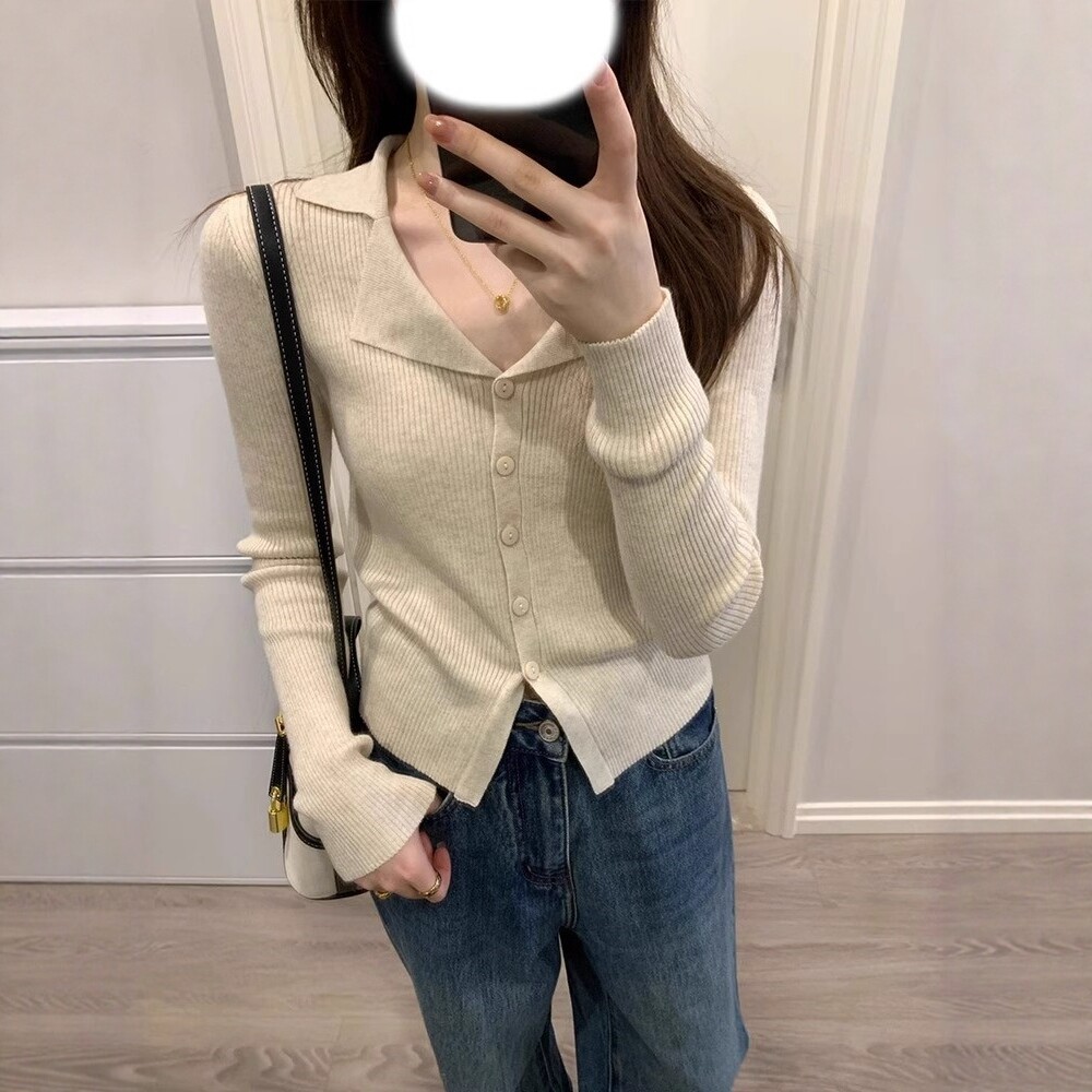 日系针织开衫女春秋翻领设计感