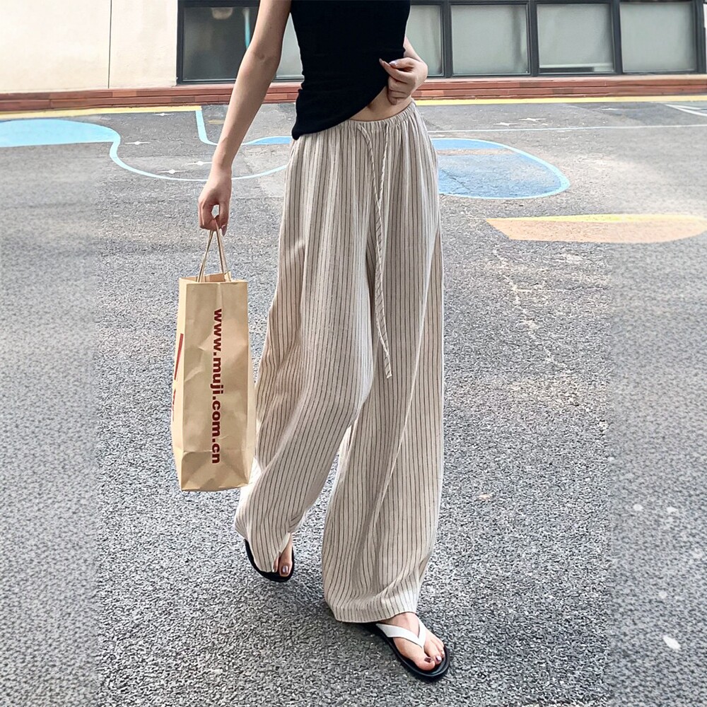 日系条纹阔腿裤女夏季慵懒风