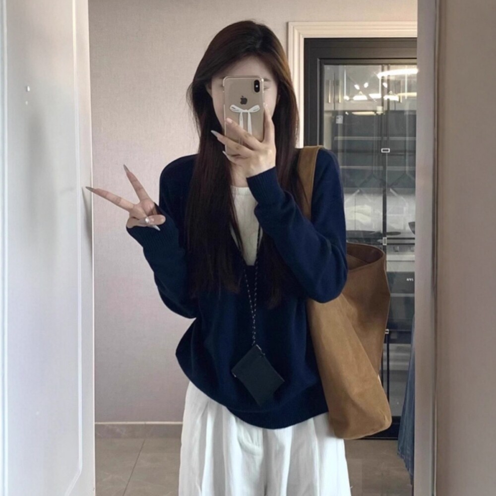 日系藏蓝色假两件毛衣女秋高级感