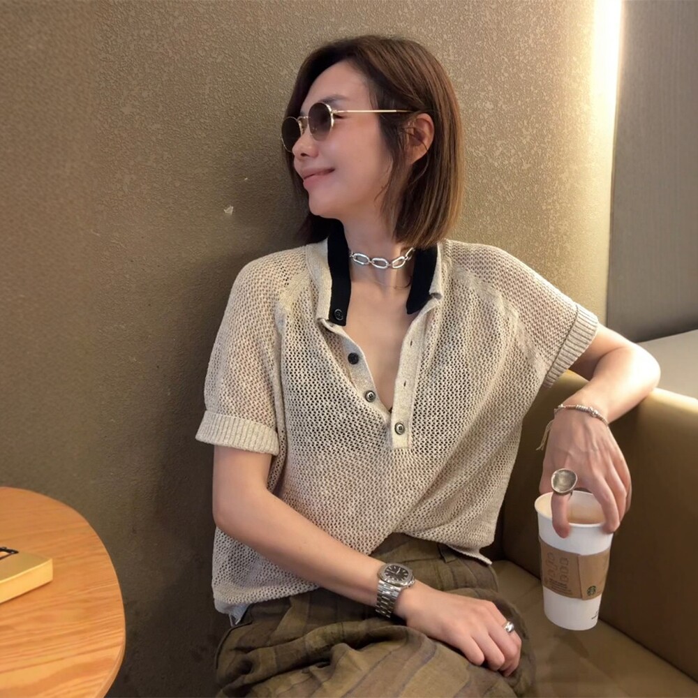 日系老钱风冰丝polo衫短袖t恤女