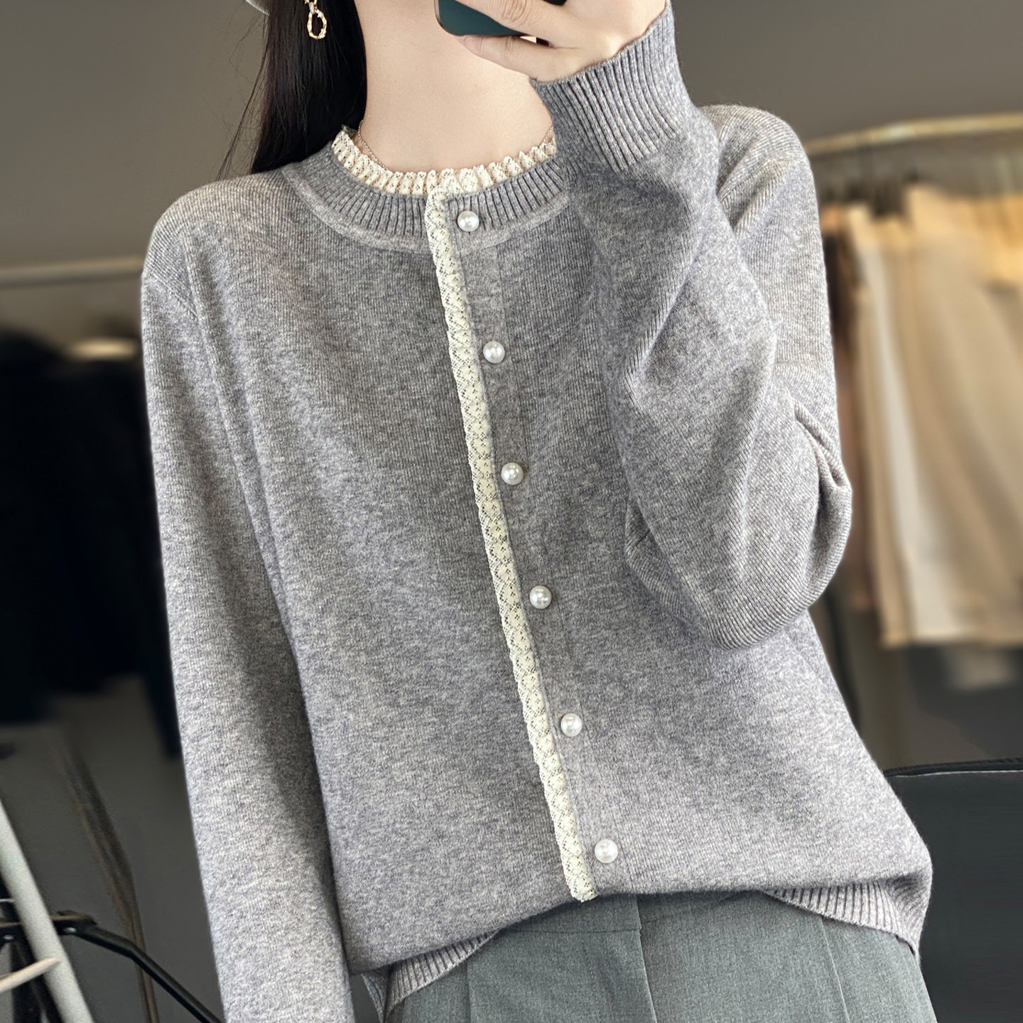 秋装撞色花边针织开衫外套女