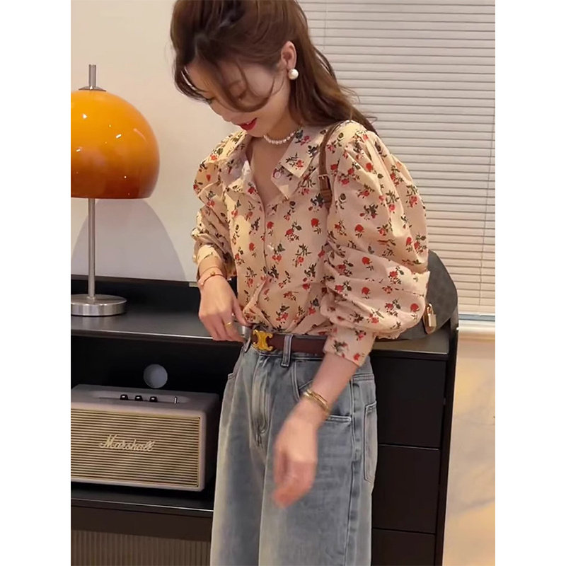 港风复古长袖衬衫女宽松碎花
