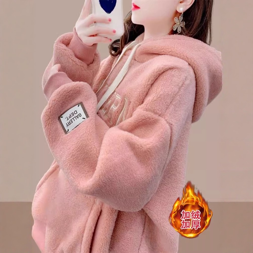 日系羊羔毛连帽卫衣女加绒加厚