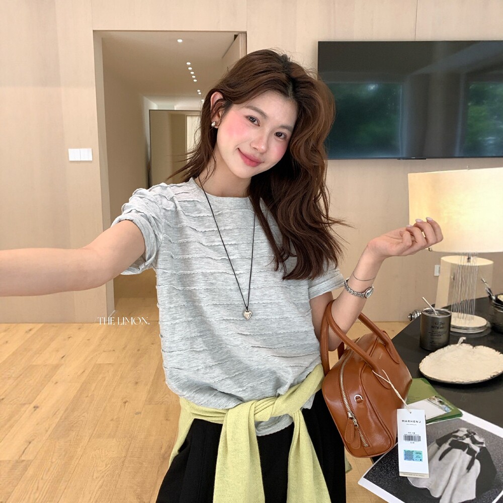 日系灰色条纹肌理花边短袖t恤女