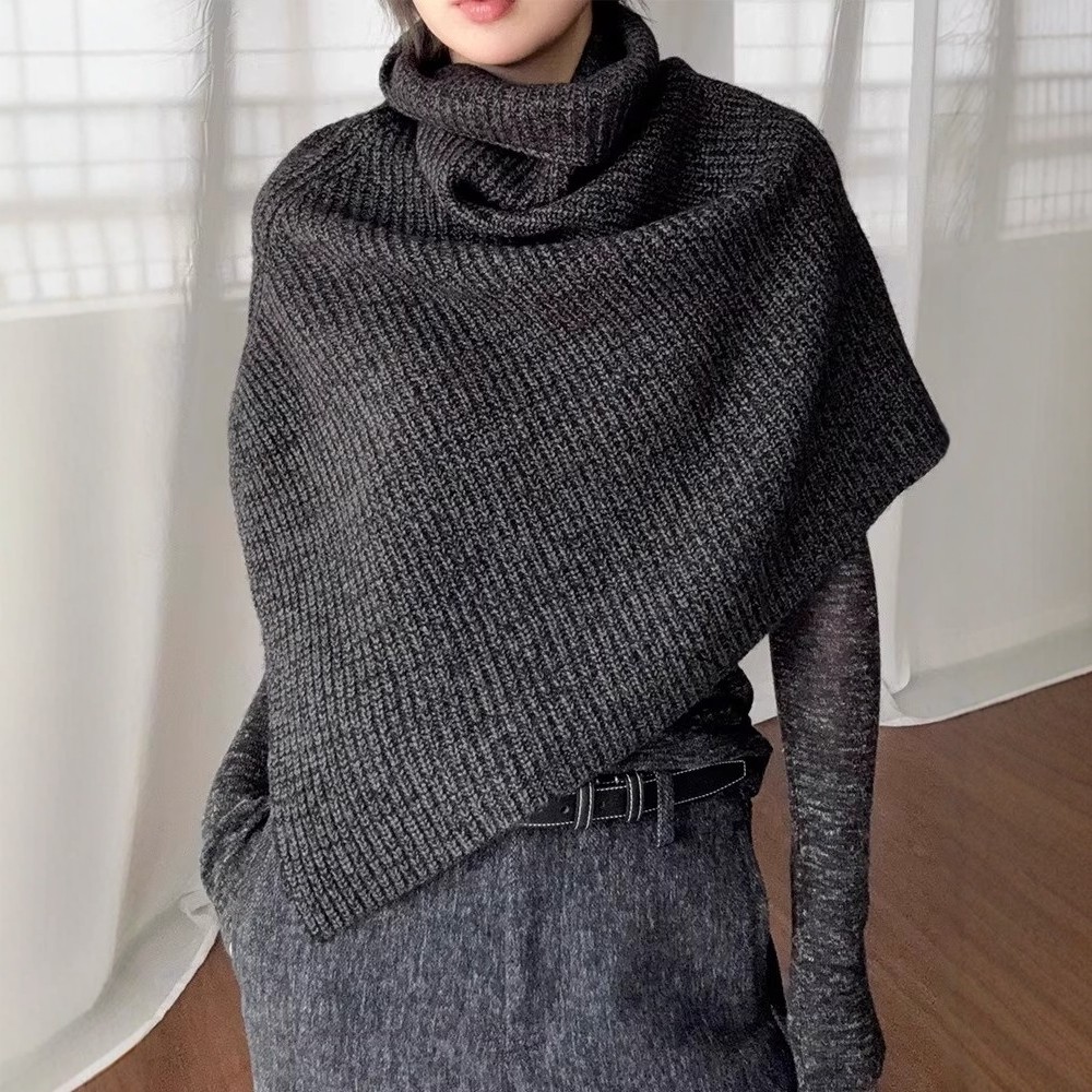 日系深灰高领针织围巾女冬季披肩