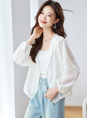 啄木鸟休闲白色连帽绣花拉链开衫女夏2026新款宽松百搭防晒衣外套