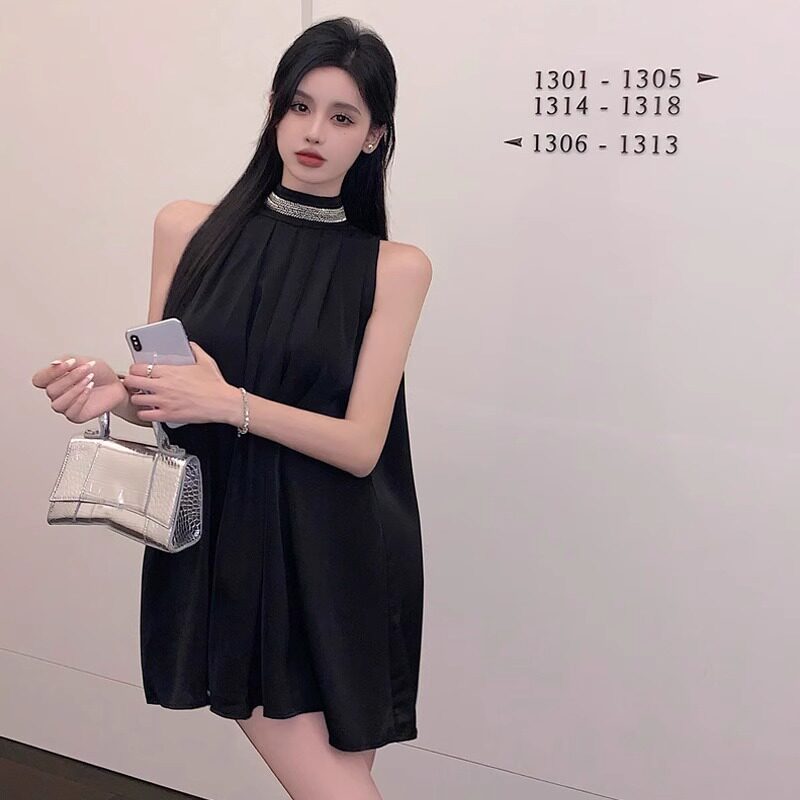 日系夏季黑色无袖挂脖连衣裙女高级性感气质绝美晚礼服露肩短裙子