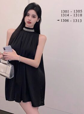 黑色无袖挂脖连衣裙女