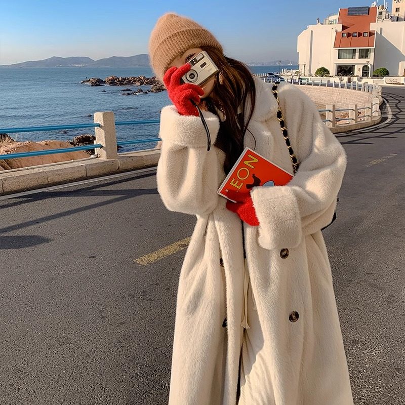 加厚长款西服领皮草外套大衣女